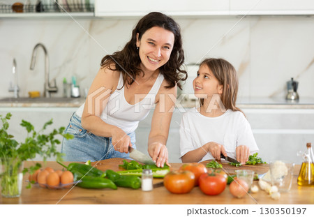 Mother and daughter cutting salad Mother and daughter cutting salad 130350197