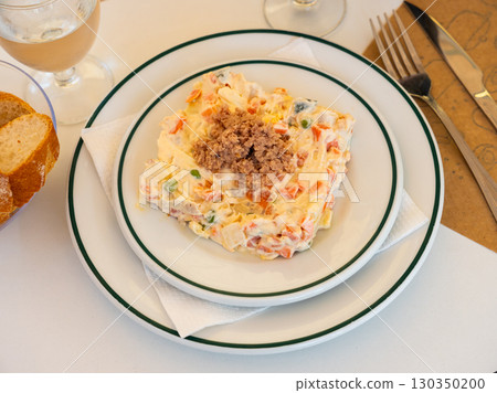 Delicious Russian salad topped with minced canned tuna 130350200
