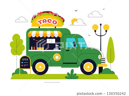 Food Truck Vector Illustration featuring Outdoor Street Vendors Serving Various Fast Foods from a Moving Vehicle or Van in a Flat Style Background 130350242