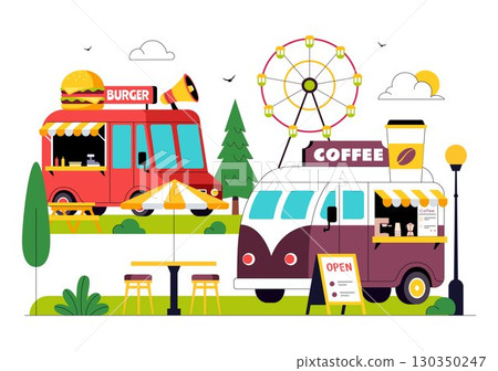Food Truck Vector Illustration featuring Outdoor Street Vendors Serving Various Fast Foods from a Moving Vehicle or Van in a Flat Style Background Food Truck Vector Illustration featuring Outdoor Street Vendors Serving Various Fast Foods from a Moving Vehicle or Van in a Flat Style Background 130350247