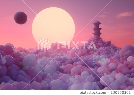 Surreal Pastel Landscape with Spheres and Glowing Sun 130350301