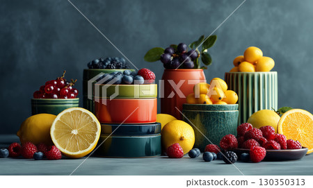 Vibrant fruits and colorful bowls in modern still life Vibrant fruits and colorful bowls in modern still life 130350313