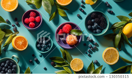 Vibrant citrus and berries on teal background Vibrant citrus and berries on teal background 130350315