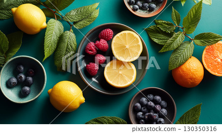 Citrus fruits and berries on vibrant teal background Citrus fruits and berries on vibrant teal background 130350316