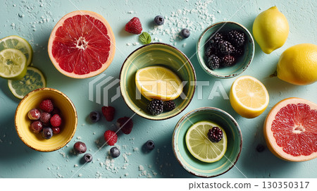 Colorful citrus and berry arrangement on blue background 130350317