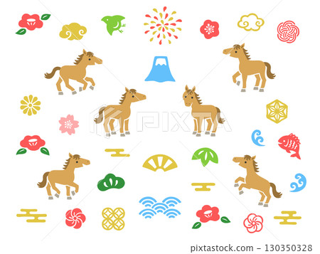 Japanese style New Year icon and horse illustration set Japanese style New Year icon and horse illustration set 130350328