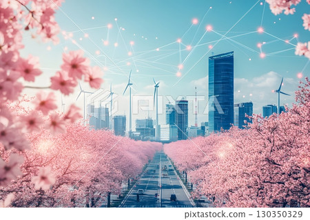 Futuristic City and Cherry Blossoms in Full Bloom: A Spring Scenery Where Renewable Energy and Nature Coexist in Harmony Futuristic City and Cherry Blossoms in Full Bloom: A Spring Scenery Where Renewable Energy and Nature Coexist in Harmony 130350329