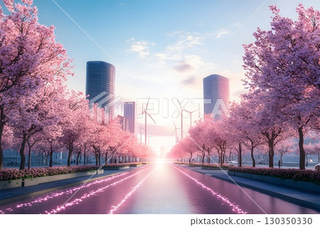 Futuristic City and Cherry Blossoms in Full Bloom: A Spring Scenery Where Renewable Energy and Nature Coexist in Harmony 130350330