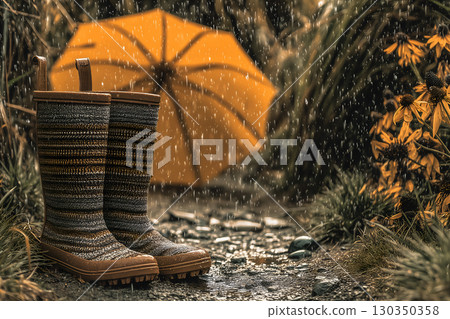 Striped Rain Boots and Yellow Umbrella in Rain Striped Rain Boots and Yellow Umbrella in Rain 130350358