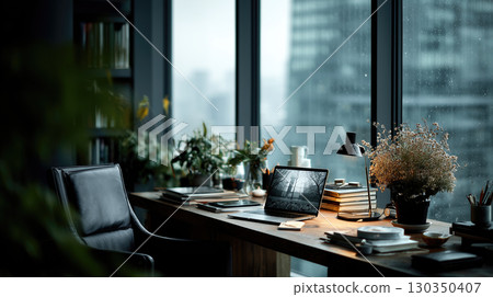 Modern office desk with view of cityscape 130350407