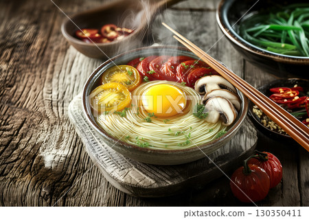 Rustic Ramen Bowl with Fresh Garnishes 130350411