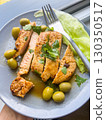 Sliced roasted pork with green olives served on a gray plate with a fork on the side, homemade meal. 130350517