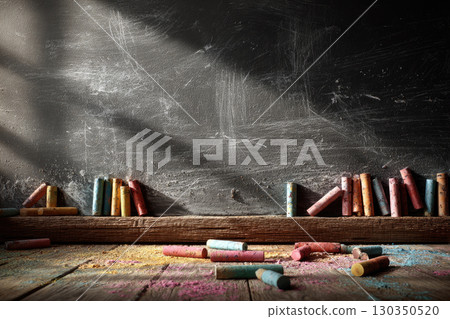 Colorful chalks on wooden floor by chalkboard Colorful chalks on wooden floor by chalkboard 130350520