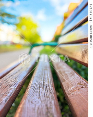 Close-up of a wooden bench in a park with a blurred background of greenery, pathway, and a sunny day 130350524