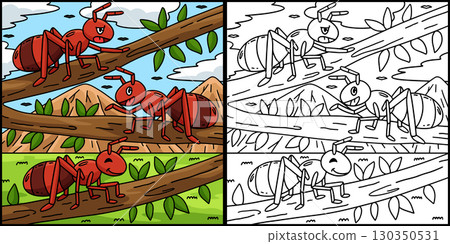 Ants on a Branch of a Tree Coloring Illustration  130350531