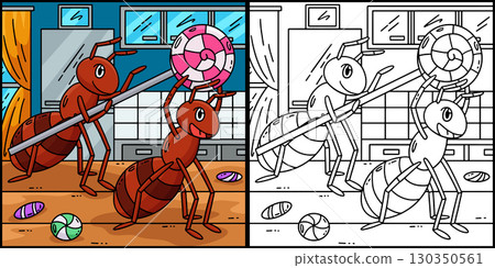 Ants Lifting a Lollipop Coloring Page Illustration Ants Lifting a Lollipop Coloring Page Illustration 130350561