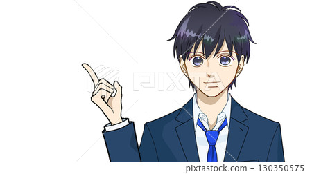 Anime-style illustration of a high school or junior high school boy pointing and explaining, white background Anime-style illustration of a high school or junior high school boy pointing and explaining, white background 130350575