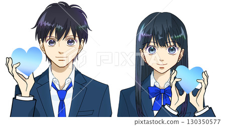 珍惜心靈、思想和感情的高中或國中男孩和女孩的動漫風格插圖，白色背景 130350577