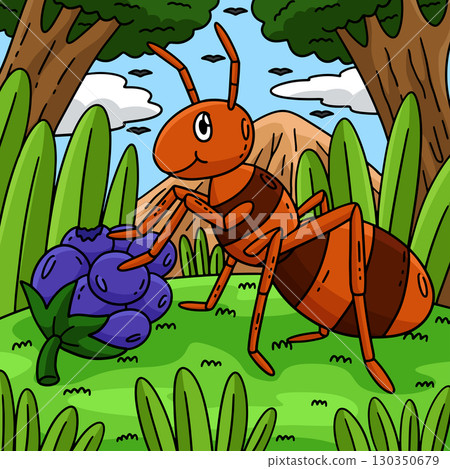 Ant Animal Eating a Berry Colored Cartoon  130350679