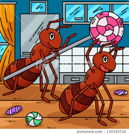 Ants Lifting Lollipop Colored Cartoon Illustration 130350726