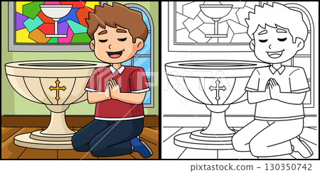 Baptism Boy Praying Coloring Page Illustration  130350742