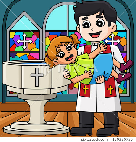 Baptism Baby Girl with Priest Colored Cartoon  130350756