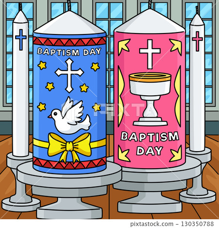 Baptism Day Candles Colored Cartoon Illustration Baptism Day Candles Colored Cartoon Illustration 130350788