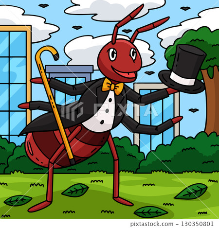 Ant Wearing Suit and Staff Colored Cartoon Ant Wearing Suit and Staff Colored Cartoon 130350801