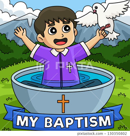 My Baptism Baby Boy Holding a Dove Colored Cartoon My Baptism Baby Boy Holding a Dove Colored Cartoon 130350802