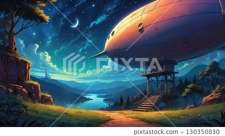 遊戲背景:蒸氣龐克世界中一艘廢棄飛艇的夜空地平線 遊戲背景:蒸氣龐克世界中一艘廢棄飛艇的夜空地平線 130350830