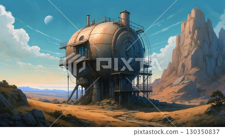 遊戲背景：蒸氣龐克世界中廢棄的太空船風格房屋 130350837