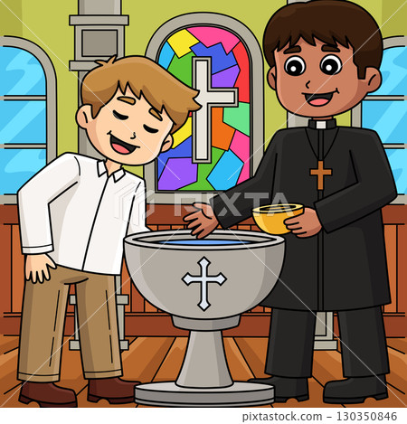 Baptism Boy and Priest Colored Cartoon Baptism Boy and Priest Colored Cartoon 130350846