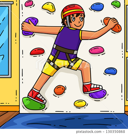 Bouldering Boy Wall Climbing Colored Cartoon Bouldering Boy Wall Climbing Colored Cartoon 130350868