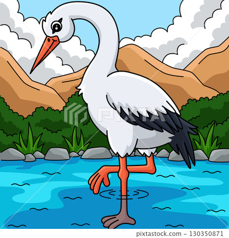 Bird White Stork Colored Cartoon Illustration Bird White Stork Colored Cartoon Illustration 130350871