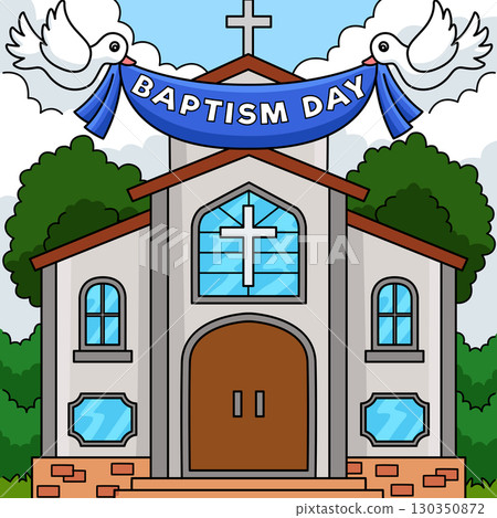 Baptism Day Church Colored Cartoon Illustration  130350872