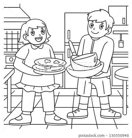 Chef Children Gathering Used Dishes Coloring Page Chef Children Gathering Used Dishes Coloring Page 130350948
