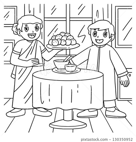 Raksha Bandhan Sibling with Food on Table Coloring 130350952