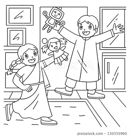 Raksha Bandhan Siblings Playing with Toys Coloring 130350960