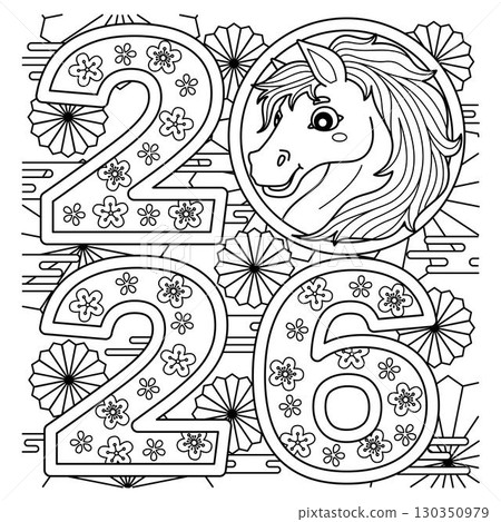Year of the Horse 2026 Coloring Page for Kids 130350979