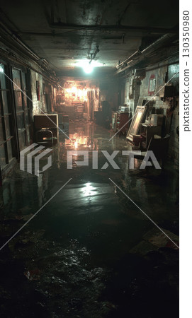 Flooded basement, old building, murky water, dark corridor, abandoned, wet floor, eerie mood 130350980