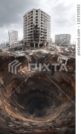 Giant sinkhole swallows building, causing destruction, chaos, and dramatic urban devastation 130350983