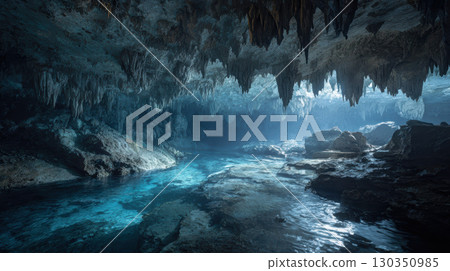 Deep underwater cave, crystal clear water, stalactites, rock formation, serene, natural light 130350985