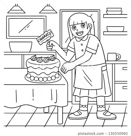 Baker Girl Putting on a Cake Topper Coloring Page  130350992