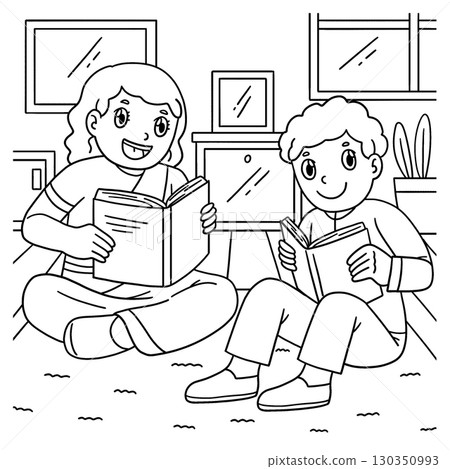 Raksha Bandhan Siblings Reading Together Coloring  130350993