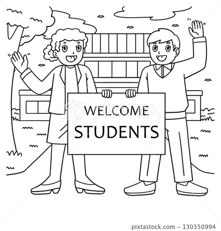 Teacher with a Welcome Sign Coloring Page for Kids Teacher with a Welcome Sign Coloring Page for Kids 130350994
