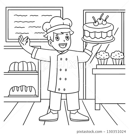 Male Baker with Cake Coloring Page for Kids Male Baker with Cake Coloring Page for Kids 130351024