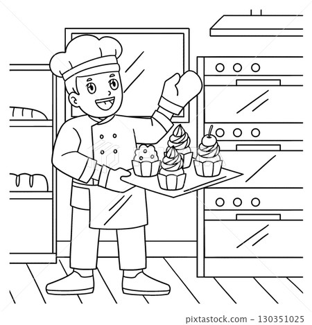 Male Baker with Cupcakes Coloring Page for Kids  130351025