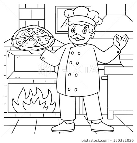 Male Chef Cooking Pizza Coloring Page for Kids  130351026