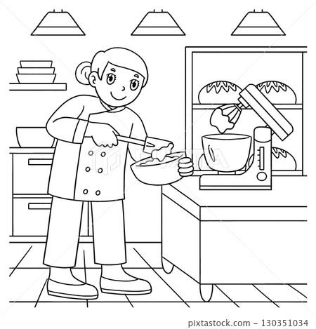 Female Baker Whisking Buttercream Coloring Page  130351034