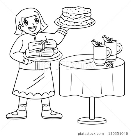 Las Posadas Girl Preparing Food Isolated Coloring  130351046